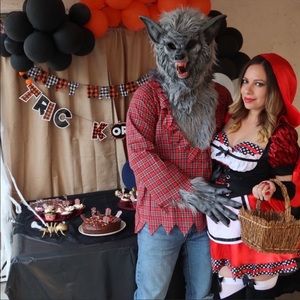 Men Wolf Costume Size L Mask Gloves Checkered Shirt Grey Scarf Party Halloween